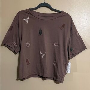 Brown Western Embroidered Crop Tee